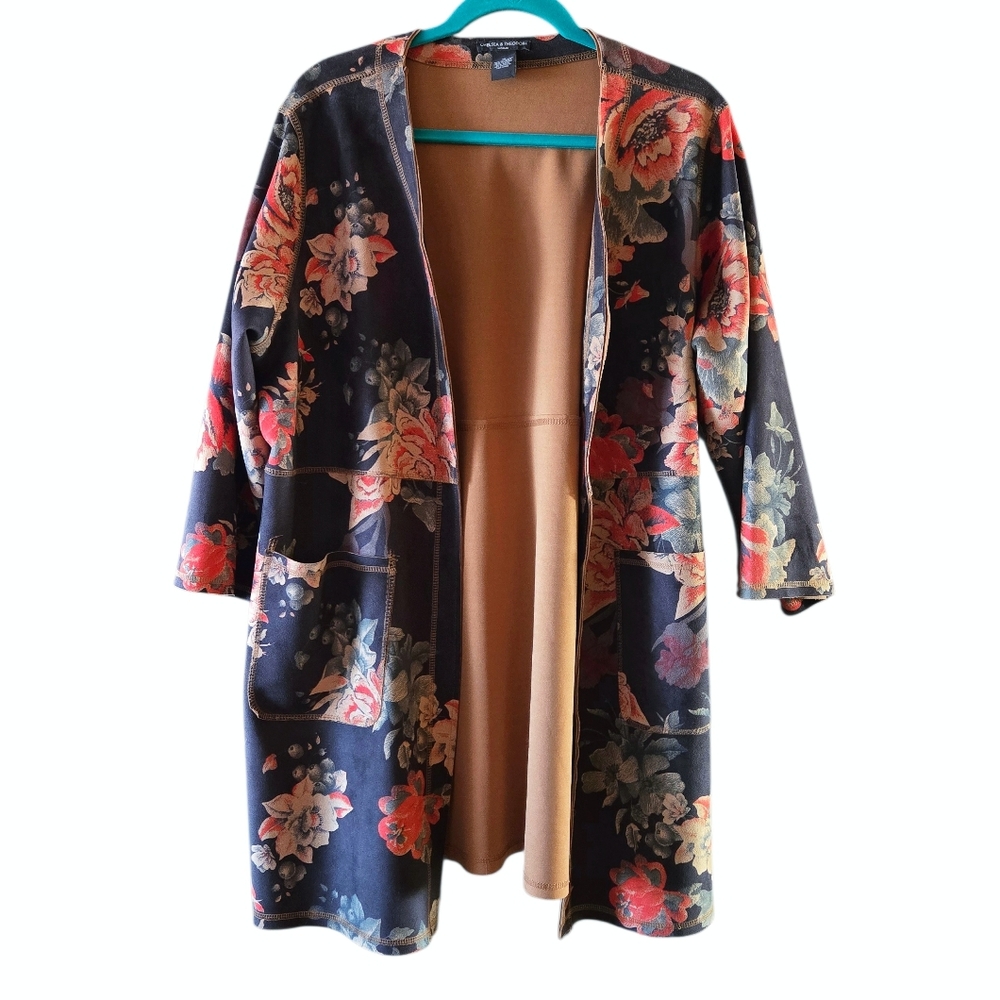 Chelsea And Theodore Floral Open Front Long Jacket. Size 1X.